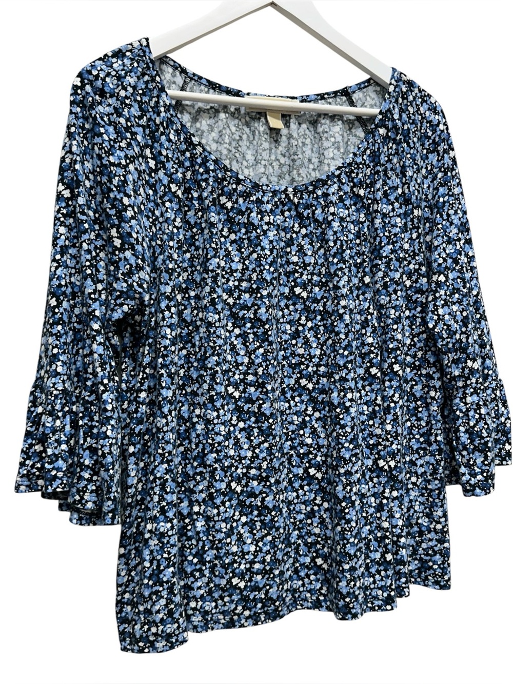 Michael Kors Peasant Cottage Blue Floral Top Blouse Sz L Bell Sleeve Stretch - Picture 2 of 8